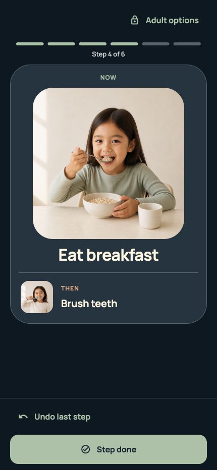 Web demonstration of Visual Routine: Eat breakfast now, Brush teeth next, and a Step done button.